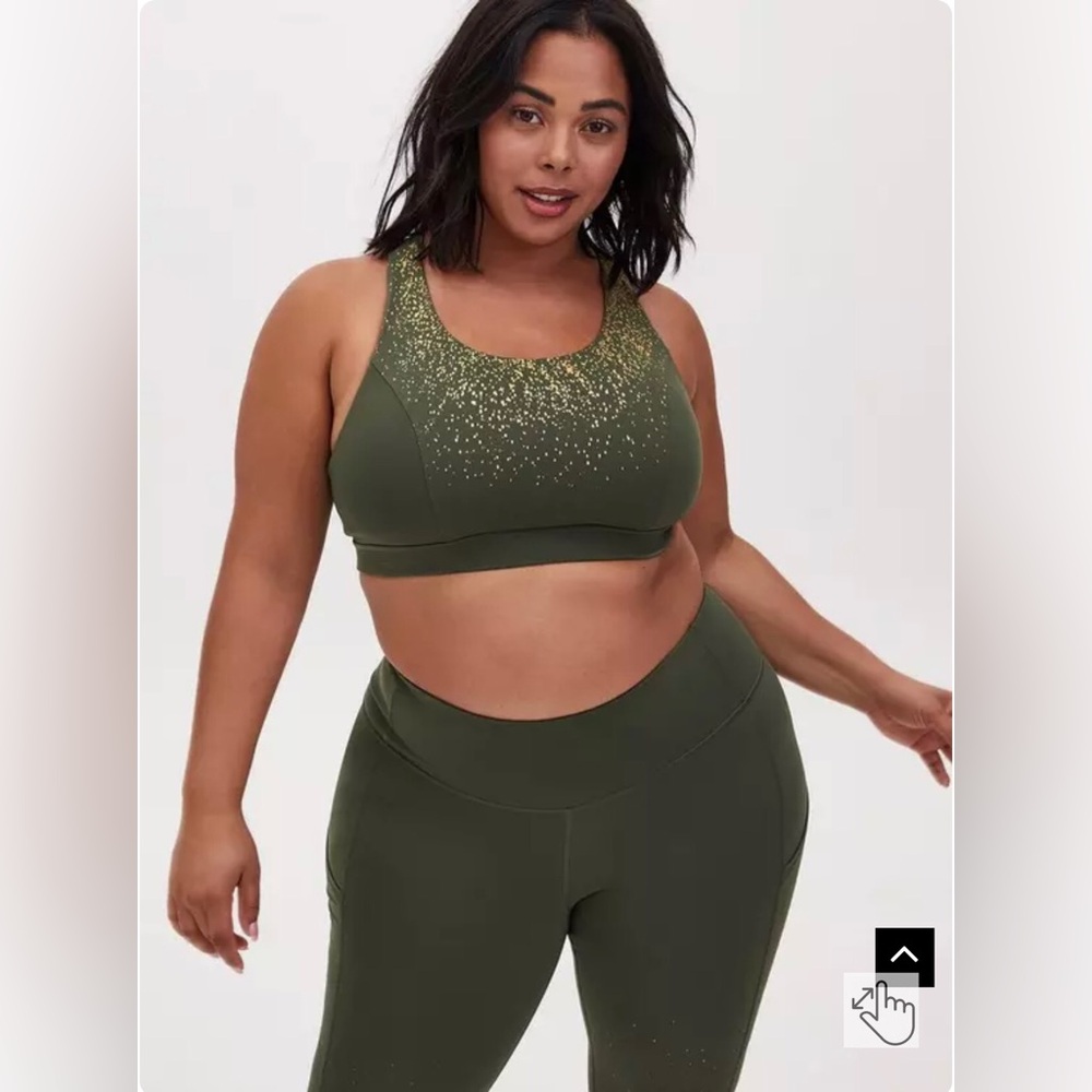 Torrid Low Impact Wireless Strappy Back Sports Bra Olive Green Gold Splatter